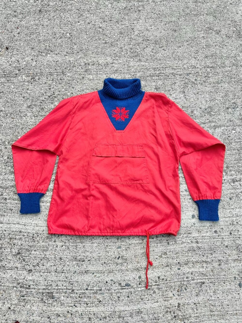 Vintage Red Anorak with Blue Knit Snowflake Turtleneck